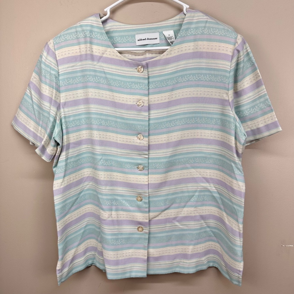 Alfred Dunner Womens 14 Pastel Striped Short Sleeve Button Up Blouse Padded